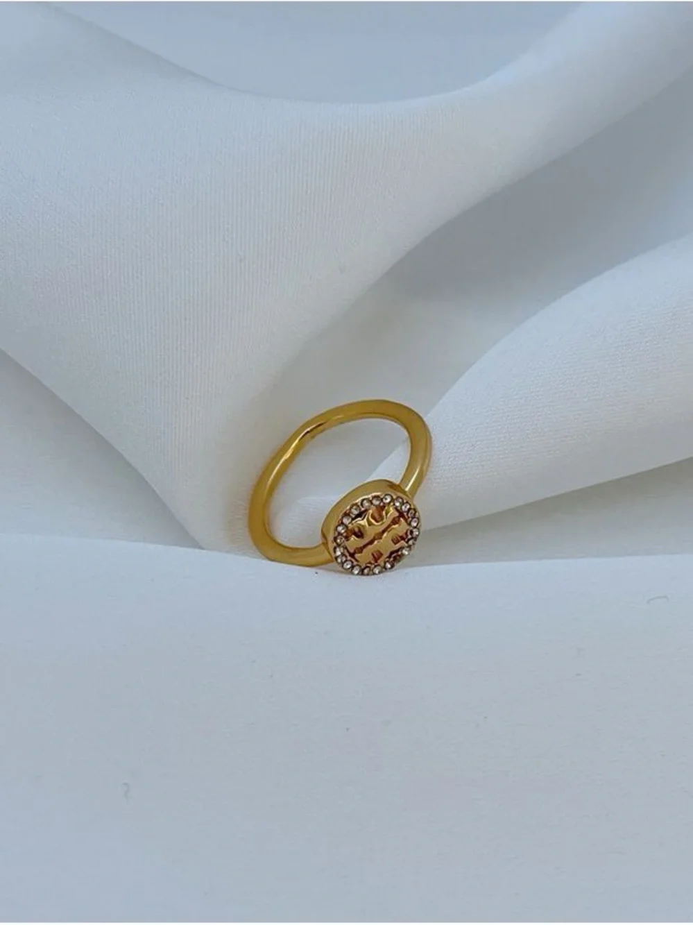 Tory Burch Gold Logo Ring with Crystal Border
